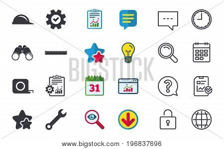 Construction helmet and wrench key tool icons. Ruler and tape measure roulette sign symbols. Chat, Report and Calendar signs. Stars, Statistics and Download icons. Question, Clock and Globe. Vector
