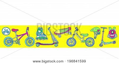 Template. Set of sporting goods for kids. Place for text. Vector illustration for greeting card wallpaper background. Scooter rollers skate bicycle backpack helmet . Summer children's holiday