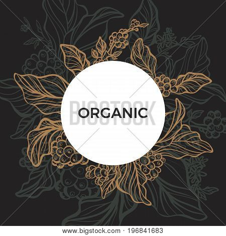 Template. Coffee branch with leaves and natural coffee beans. Retro vintage style. Night moon garden. Copy space. Vector Illustration eps.10