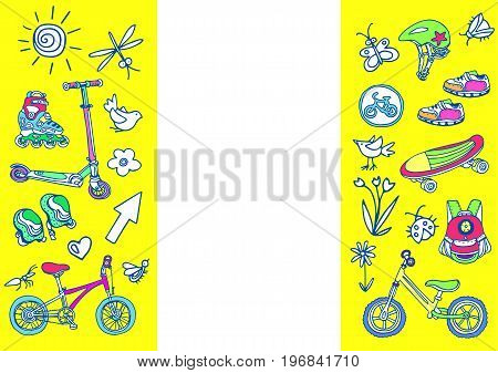 Template. Set of sporting goods for kids. Place for text. Vector illustration for greeting card wallpaper background. Scooter rollers skate bicycle backpack helmet . Summer children's holiday