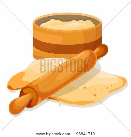 Flour in bowl with Dough, rolling pin. Vector illustration