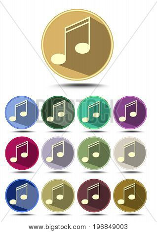 Music icon set note symbol in flat design with long shadow different color variants vector EPS 10