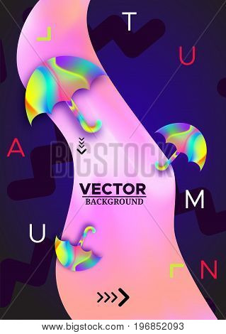 Autumn abstract  hipster color composition in trendy 90s style with umbrella, geometric shapes, fluid and liguid texture, futuristic bright background, template for banner, poster, vector illustration