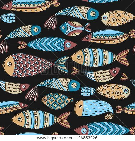 Seamless pattern with fishes. Hand drawn undersea world. Colorful artistic background. Aquarium. Can be used for wallpaper textiles wrapping card cover. Vector illustration eps10