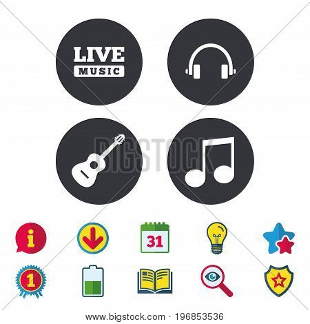 Musical elements icons. Musical note key and Live music symbols. Headphones and acoustic guitar signs. Calendar, Information and Download signs. Stars, Award and Book icons. Vector