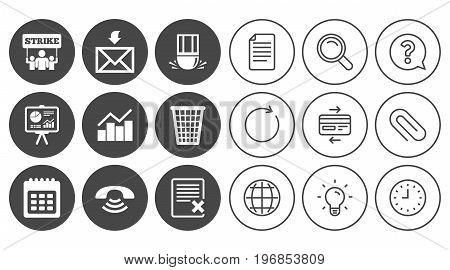Office, documents and business icons. Call, strike and calendar signs. Mail, presentation and charts symbols. Document, Globe and Clock line signs. Lamp, Magnifier and Paper clip icons. Vector