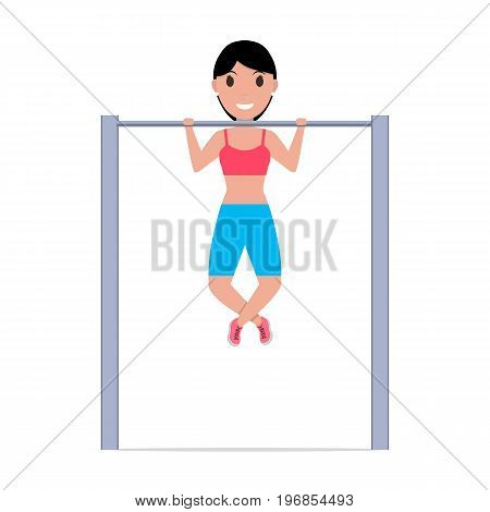 Vector illustration of a cartoon girl pulling up on a horizontal bar. Isolated white background. Sports woman doing an exercise on a horizontal bar. Flat style.