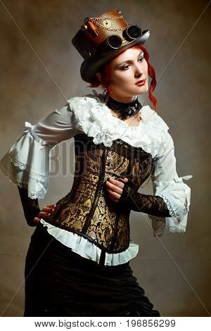Portrait Beautiful Victorian Style Girl Wearing Steampunk Hat