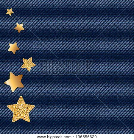 Dark blue jeans texture. Denim background with golden sparklind stars. Can be used for wallpaper pattern fills web page background surface textures. Denim texture