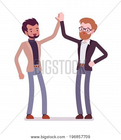 Businessmen highfive gesture. Friends building a connection, showing enthusiasm. Formal manners and greeting etiquette concept. Vector flat style cartoon illustration, isolated, white background