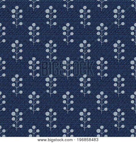 Dark blue jeans seamless texture. Denim background with branches with berries. Can be used for wallpaper pattern fills web page background surface textures. Denim texture
