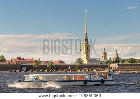 St. Petersburg, Russia - June 28, 2017: Panoramic View Of The Neva River Embankment In St. Petersbur
