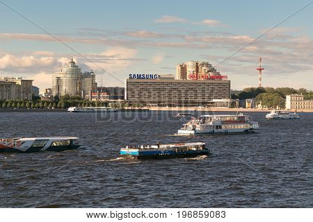 St. Petersburg, Russia - June 28, 2017: Panoramic View Of The Neva River Embankment In St. Petersbur