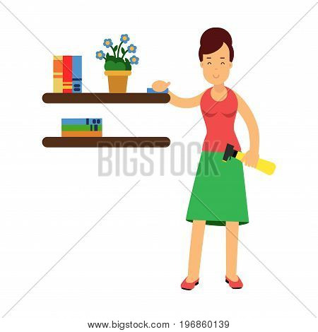 Beautiful young brunette woman housewife wiping dust from shelves, home cleaning and homework vector Illustration on a white background