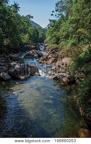 View of small waterfall lagoon in the middle of the forest at the Itatiaia Park, an altitude park, known for its animal diversity, trails and waterfalls. Rio de Janeiro State, southwestern Brazil