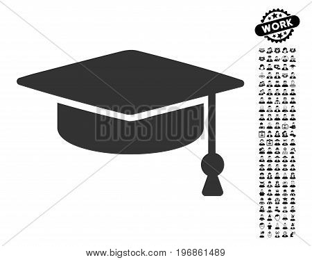 Graduation Cap icon with black bonus job pictures. Graduation Cap vector illustration style is a flat gray iconic element for web design, app user interfaces.