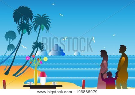 Traveling seashore with family for relaxing between the islands and blue sea with blooming flowers on the table and birds flying in the sky and clouds in summer.Vector illustration seascape background