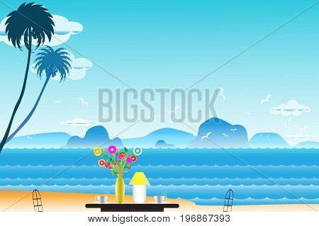 Vector illustration seascape background with coffee near Vases and flowers on the table between archipelago Blue color with water wave and the birds flying in sky cloud background at summer time.