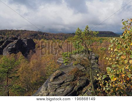 Autumn Landscape In Czech Switzerland National Park With Sandstone Slopes And Forest