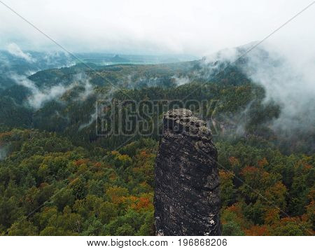 Sandstone Pillars In National Park Czech Switzerland In Foggy Autumn With Pine Tree Forest