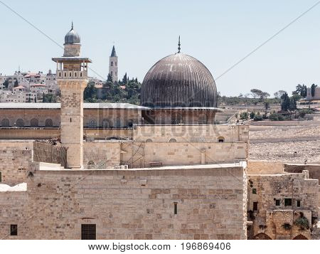View of the Al-Aqsa Mosque and El-Ghawanima Tower in the Old City of Jerusalem Israel