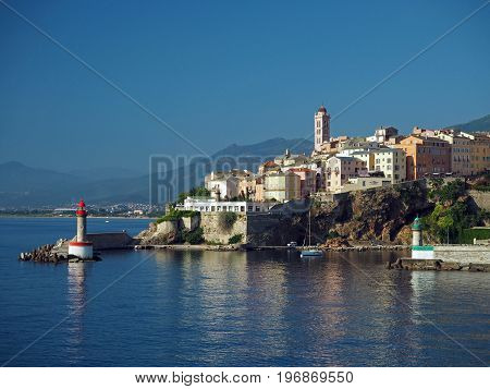 Corsica Bastia port town - gate with lighthouses