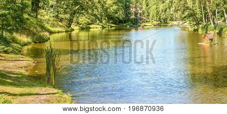 Panorama of a beautiful lake in Mezhyhiria near Kiev.