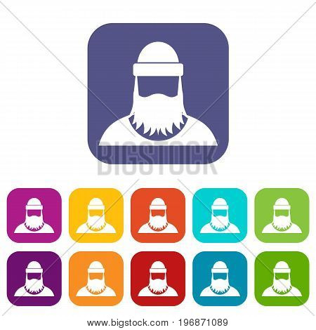 Lumberjack icons set vector illustration in flat style in colors red, blue, green, and other