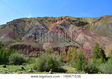 Scenery of rainbow hills in Altai mountains. Altay Republic Siberia Russia.