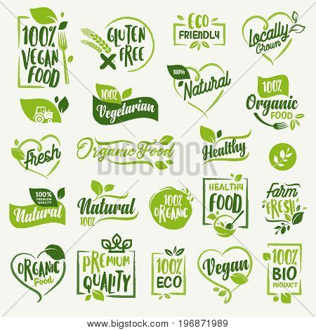 Organic food, farm fresh and natural product labels and badges collection for food market, ecommerce, organic products promotion, healthy life and premium quality food and drink.