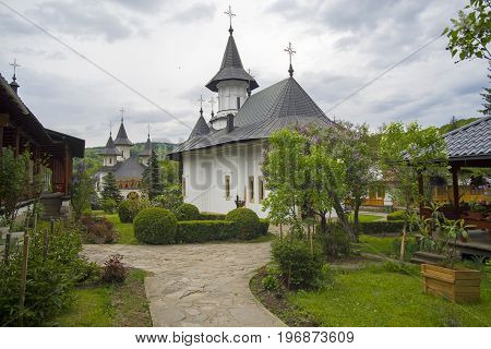 Flower garden of Sihastria monastery in Moldavia