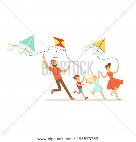 Happy family with two kids having fun flying kites, colorful character vector Illustration on a white background