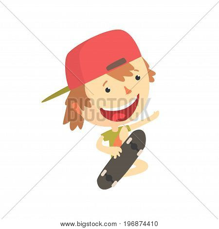 Cool smiling cartoon skateboarder boy, kids outdoor activity colorful character vector Illustration isolated on a white background