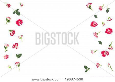 Flowers composition. Frame made of rose flowers. Flat lay, top view, copy space