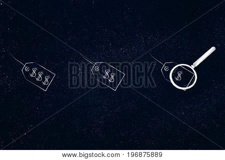 Magnifying Glass Analysing A Group Of Price Tags From Expensive To Cheap