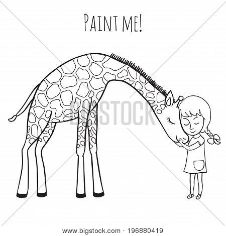 Girl and giraffe. Girl hugging a giraffe. Vector illustration of hand-drawn. Coloring book for adults and children.