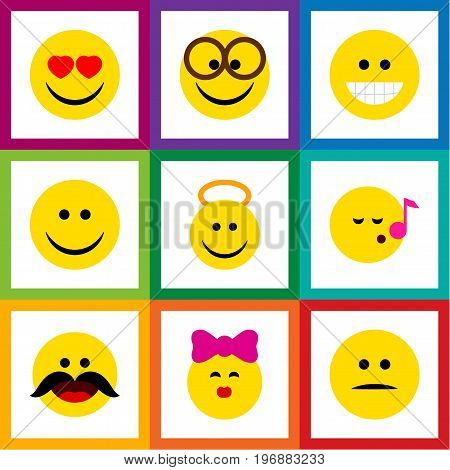 Flat Icon Emoji Set Of Pleasant, Displeased, Angel And Other Vector Objects