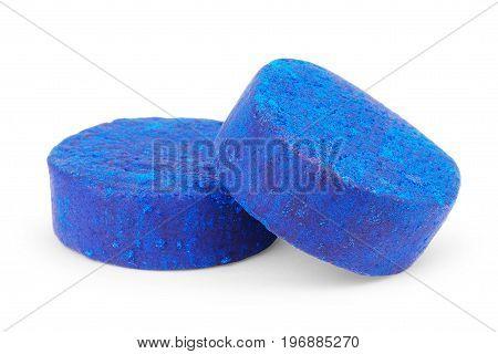 Blue soluble toilet cistern cleaning blocks studio isolated
