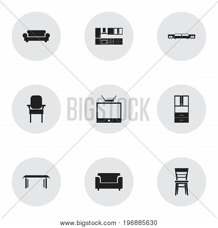 Set Of 9 Editable Furniture Icons. Includes Symbols Such As Trestle, Wardrobe, Mattress And More