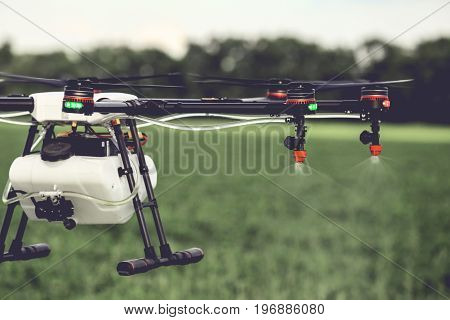 Closeup view of agriculture drone spraying water fertilizer on the green field. Drones spraying pesticides to grow potatoes.