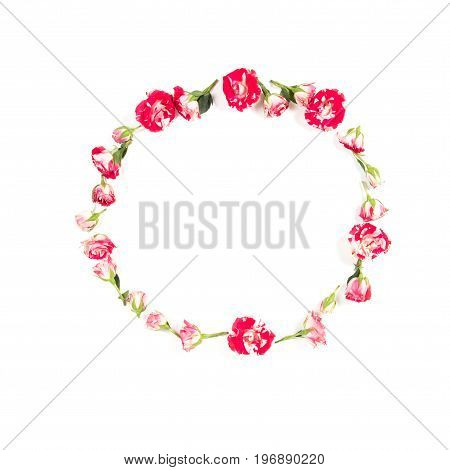 Flowers composition. Wreath made of rose flowers on white background. Top view, flat lay