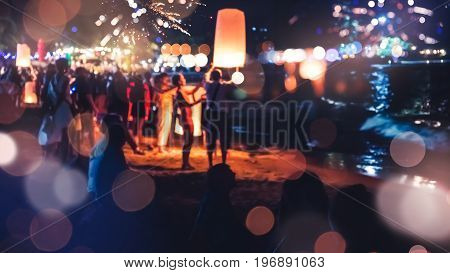 People Celebrate New Year. Fireworks circle blur. Colorful in celebration. Thailand Beach