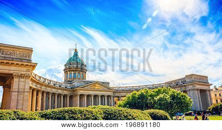 Kazan Cathedral or Cathedral of Our Lady of Kazan in sunny day, Saint Petersburg, Russia