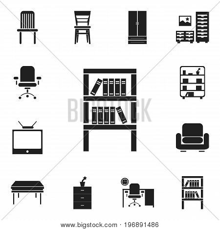 Set Of 12 Editable Furniture Icons. Includes Symbols Such As Trestle, Recliner, Bookshelf And More