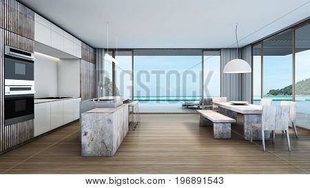 Dining kitchen beach villa background take view sea -3D render