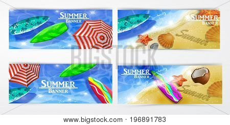 colorful umbrella floating surfing boards and water top view banner set vector illustration