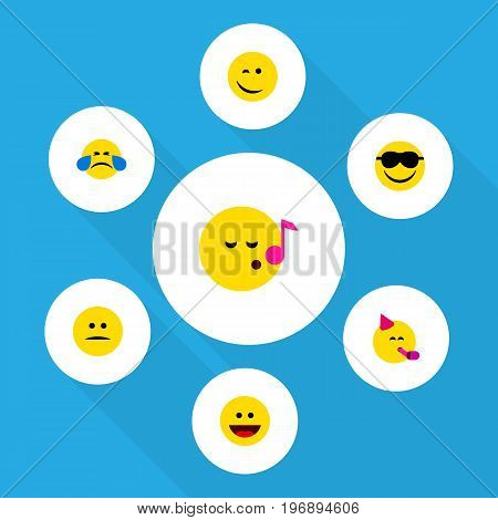 Flat Icon Face Set Of Cold Sweat, Party Time Emoticon, Descant And Other Vector Objects