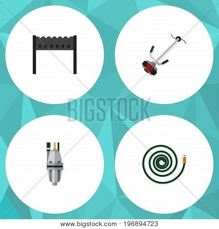 Flat Icon Farm Set Of Hosepipe, Pump, Grass-Cutter And Other Vector Objects