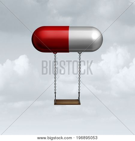 Child medicine concept as a medical symbol for children medication as a prescription drug pill with a kid playground swing as a youth healthcare and behavior treatment and mood therapy for young patients icon as a 3D illustration.