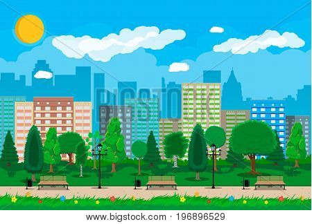 City park concept, wooden bench, street lamp, waste bin in square. Cityscape with buildings and trees. Sky with clouds and sun. Leisure time in summer city park. Vector illustration in flat style